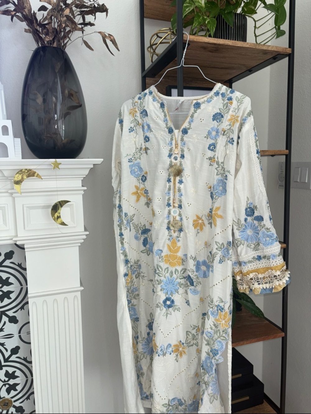 Ethnic Embroidered Floral Tunic Dress in Cream, Blue & Mustard